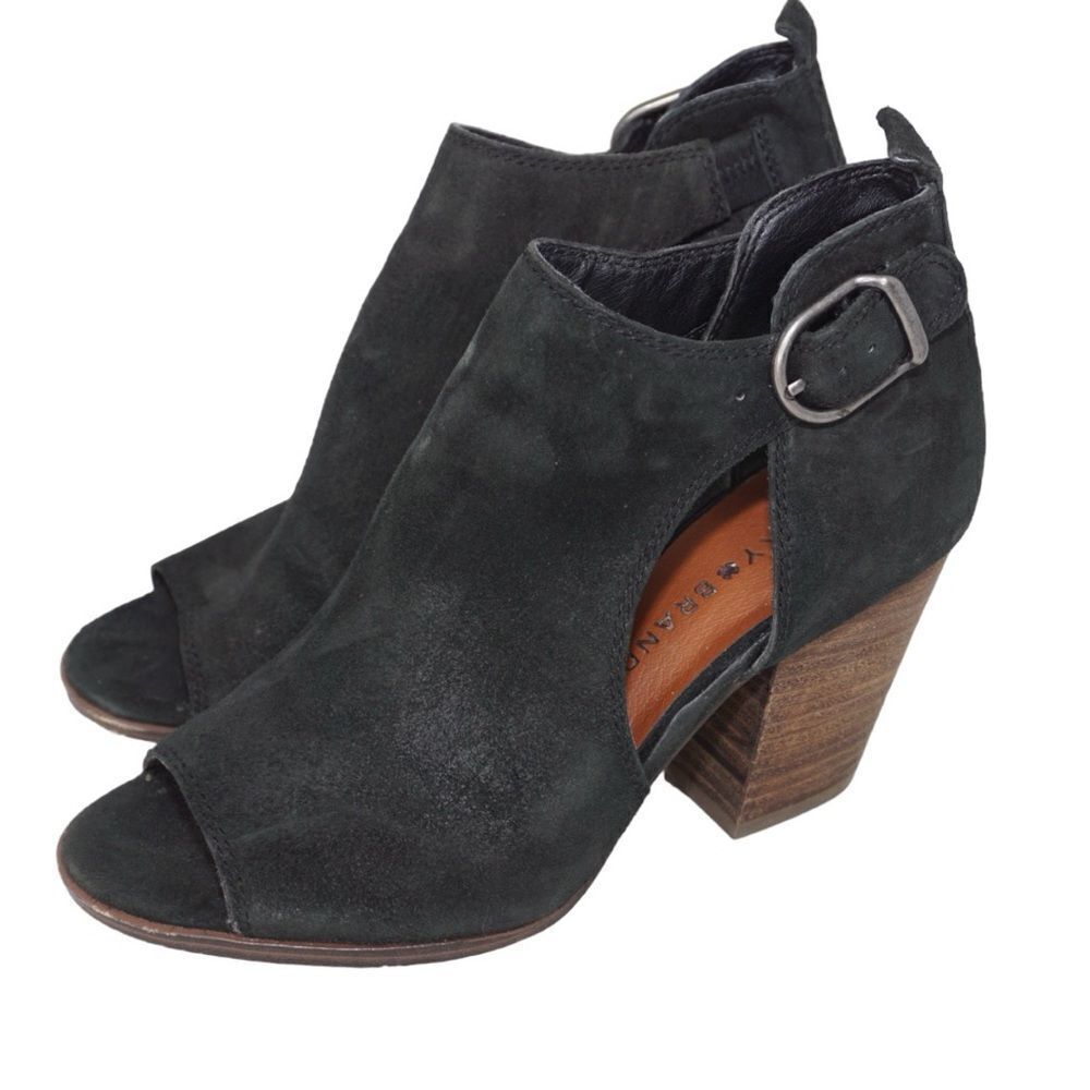 Lucky Brand Black Suede Oona Peep Toe Booties, Size 6